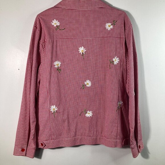 Womens Gingham Daisy‎ Button Jacket L Red White Long Sleeve Pockets - Picture 2 of 9